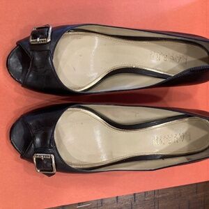 Brown Leather Open Toe Heels with Gold Buckle - Ralph Lauren